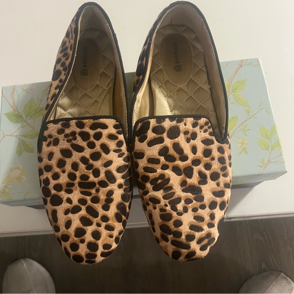 Birdies Size 7.5 Starling Flats Calf Hair Cheetah Leopard Print Slip on Loafers